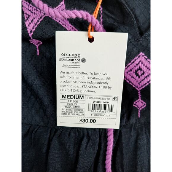 Knox Rose Shirt Women Medium Black Boho Cottagecore Short Sleeve Embroidered NWT - Picture 3 of 8